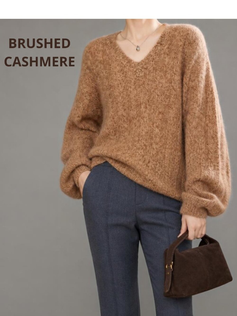 NEW Beige Brown Brushed Casmere Wool V-Neck Sweater XL
